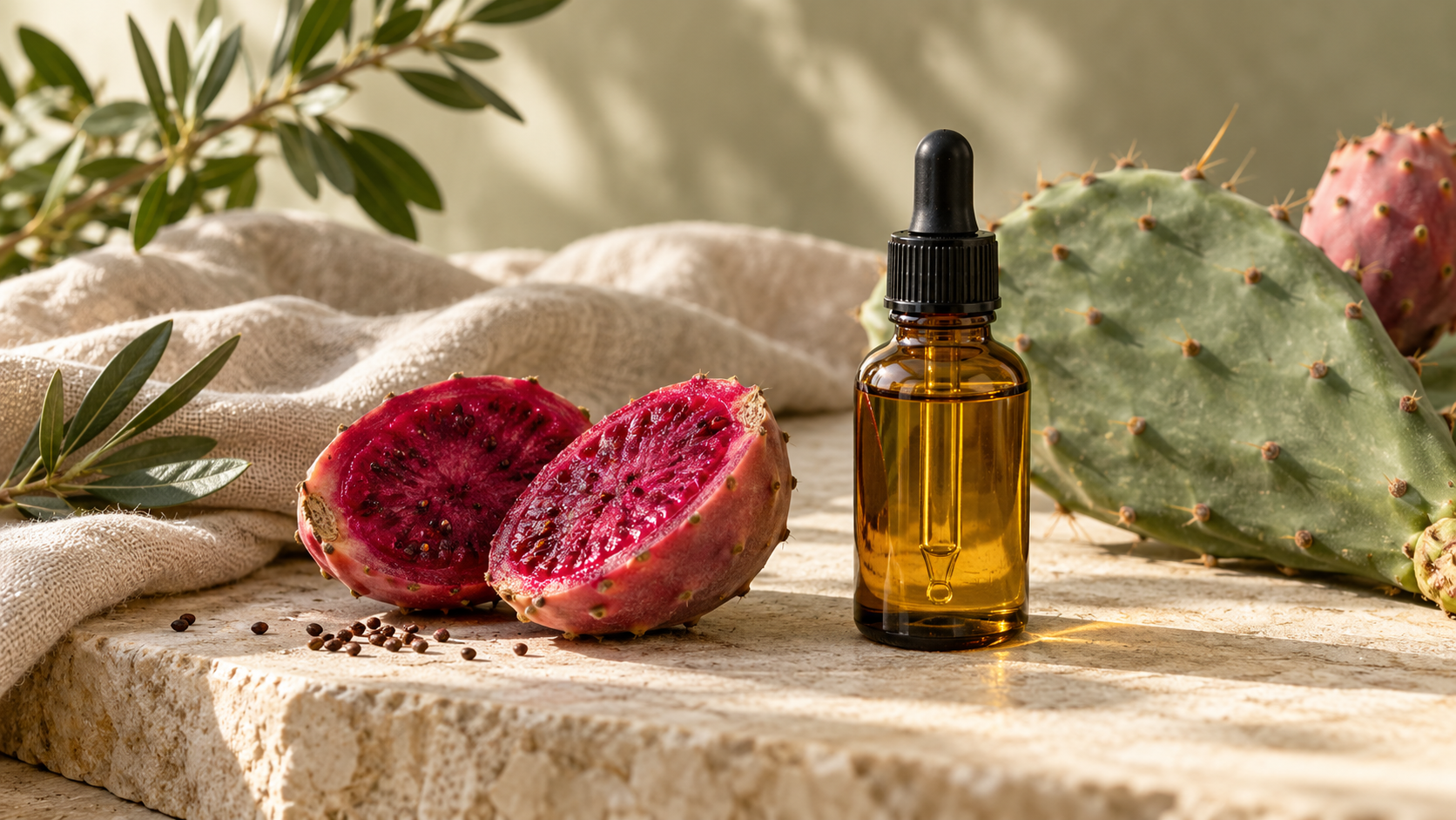 Amber dropper bottle beside prickly pear fruit and a cactus pad on cream stone.