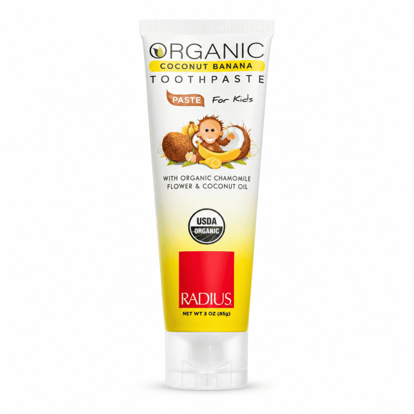 Radius Coconut Banana organic kids toothpaste 3oz tube on white