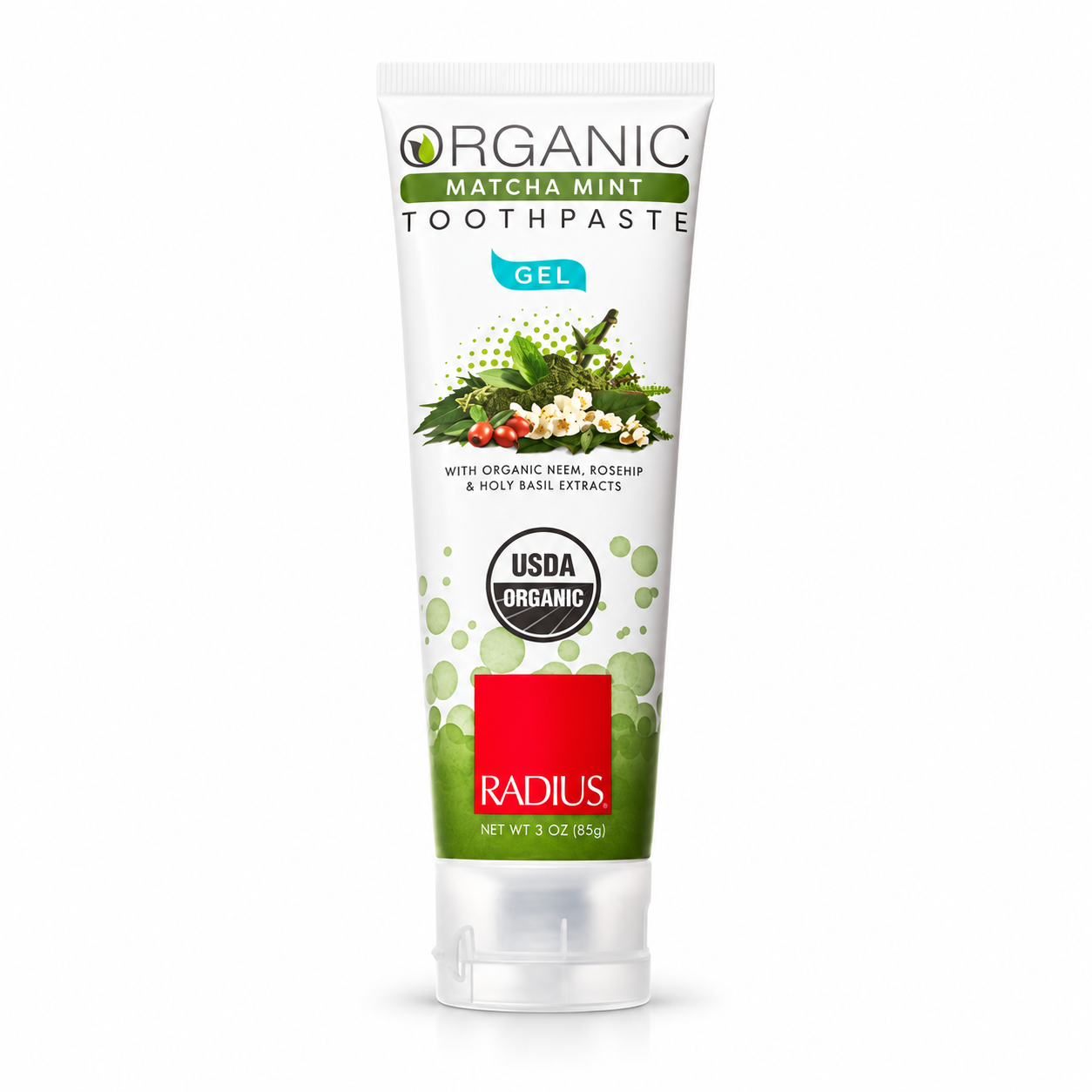 USDA Organic Toothpaste 1 Radius Matcha Mint organic toothpaste 3oz tube on white